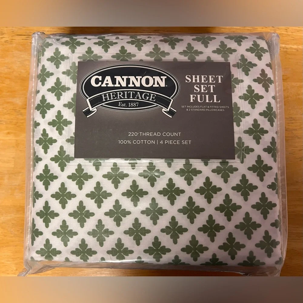 NWT Cannon 100% COTTON Full BED SHEET SET Marina WHITE Green